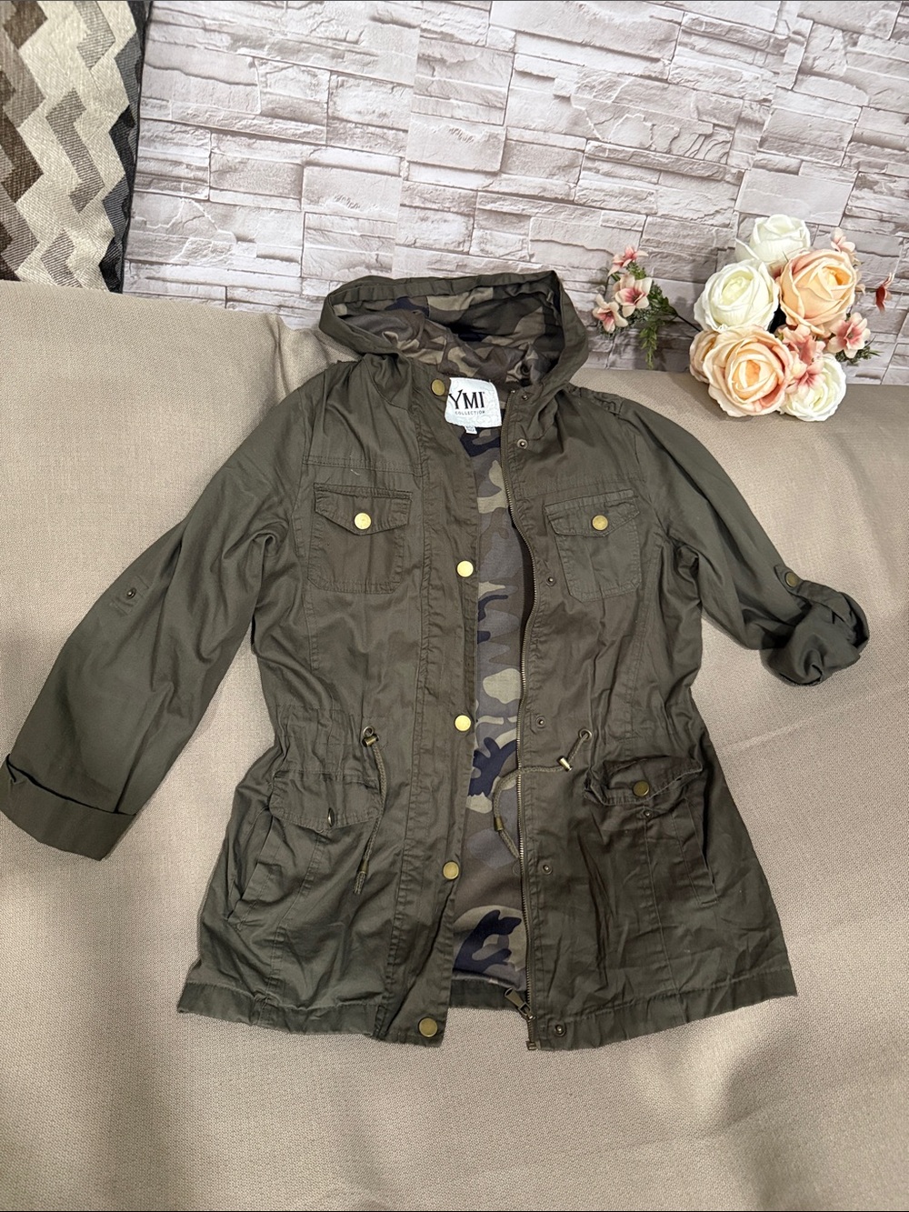 YMI Olive Green Utility Hooded Anorak with Camo Lining